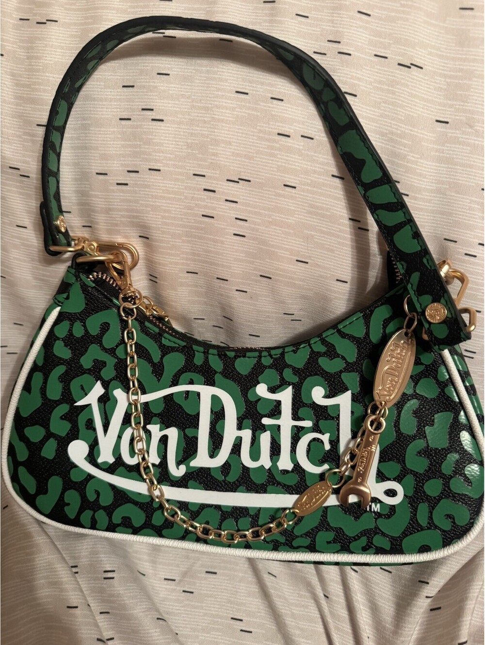 Von Dutch Y2K Green Leopard Shoulder Bag Gold Chain Charms Logo Purse